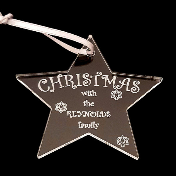 Star Personalised "Christmas with the Family" Engraved Christmas Tree Decorations, Clear