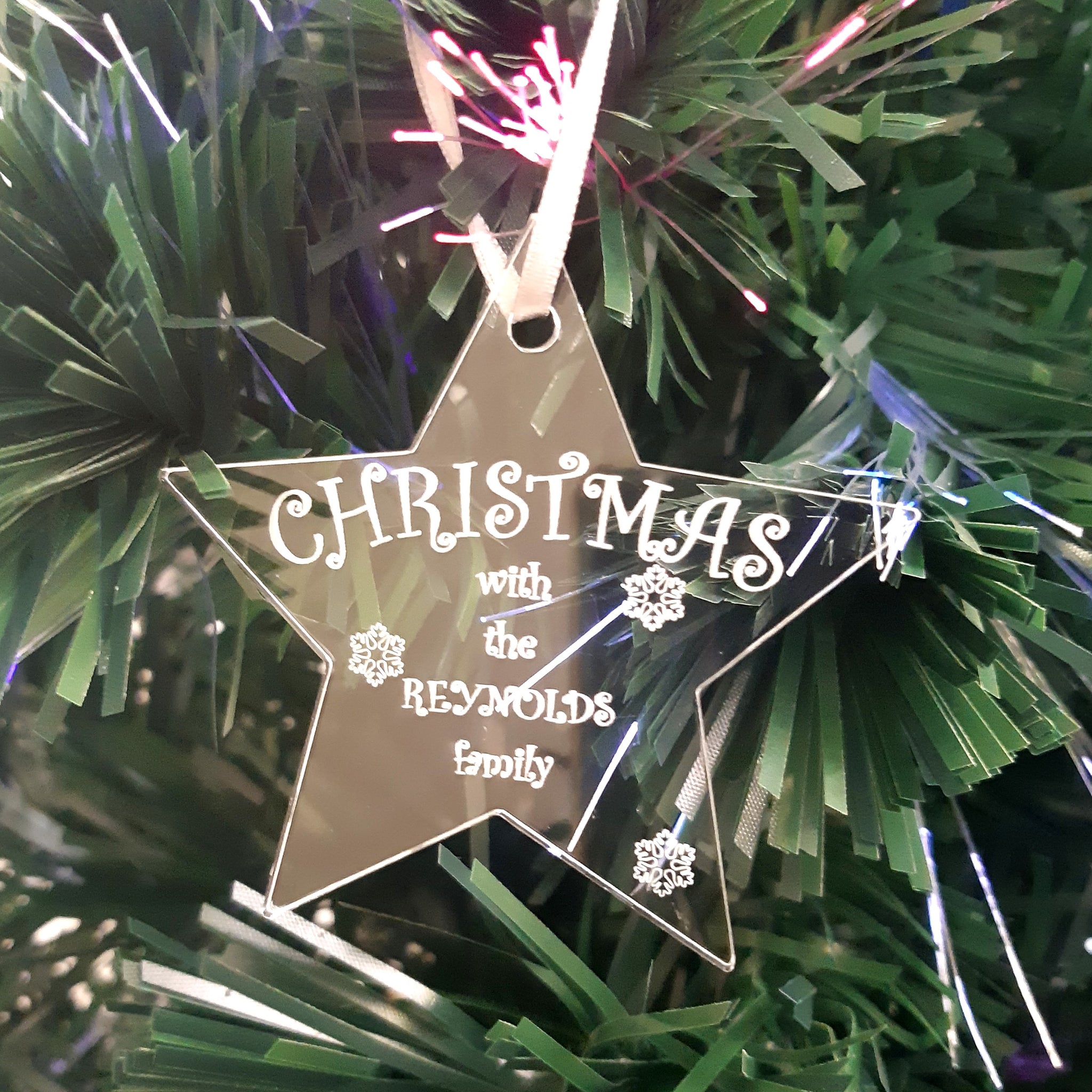 Star Personalised "Christmas with the Family" Engraved Christmas Tree Decorations, Clear