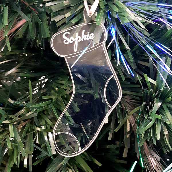 Stocking Personalised Engraved Christmas Tree Decorations, Clear