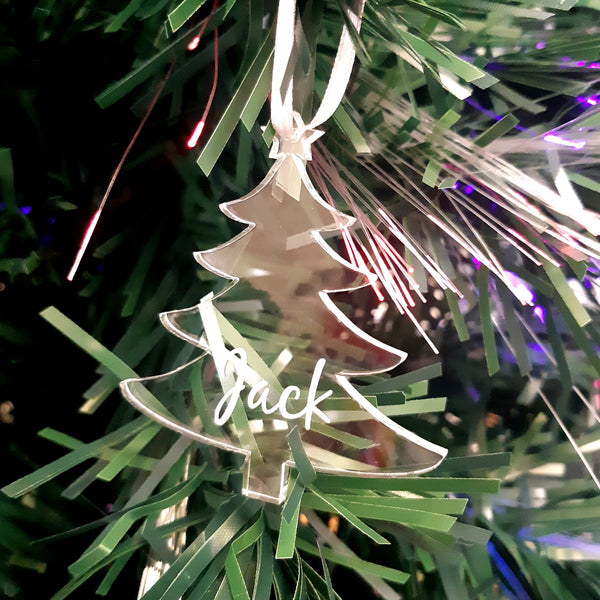 Xmas Tree Personalised Name Engraved Christmas Tree Decorations, Clear