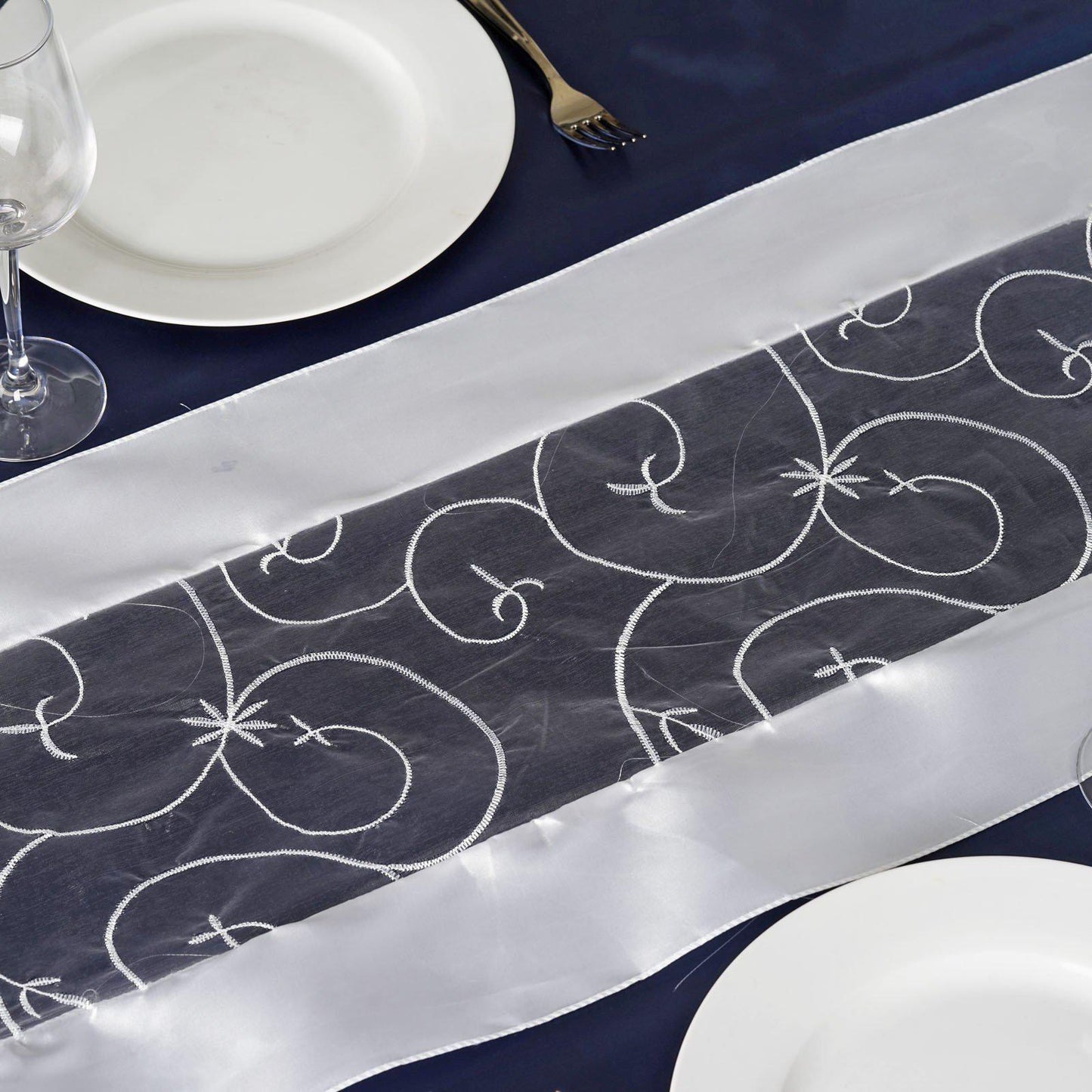 White Embroidered Sheer Organza Satin Table Runner