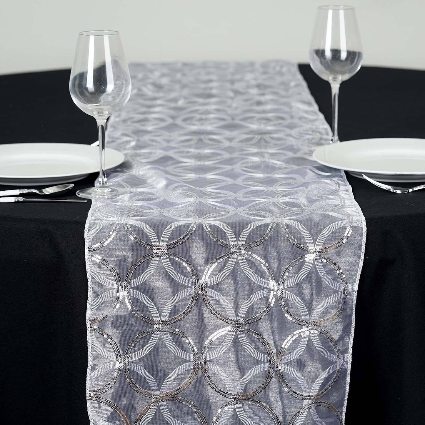 White Sequin Circle Design Satin Table Runner