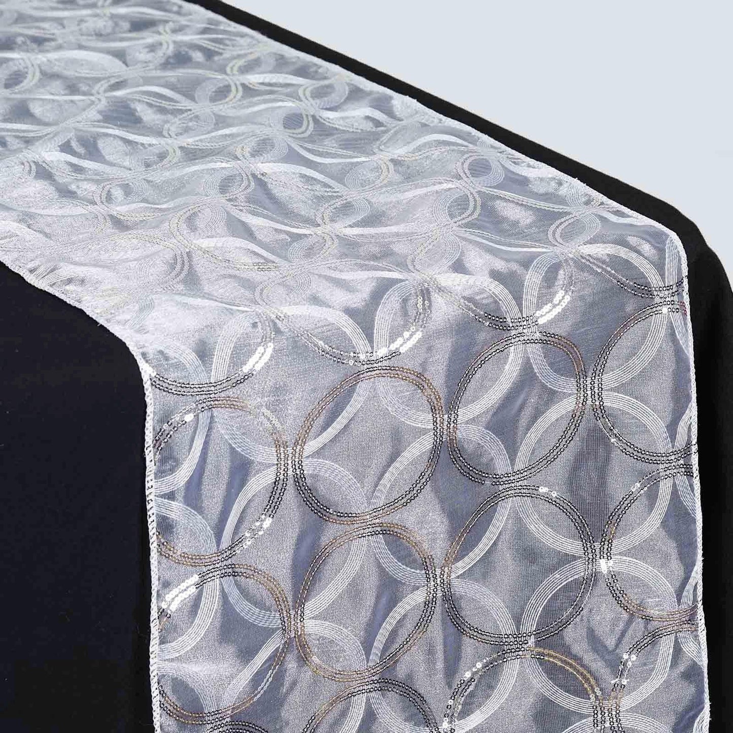 White Sequin Circle Design Satin Table Runner