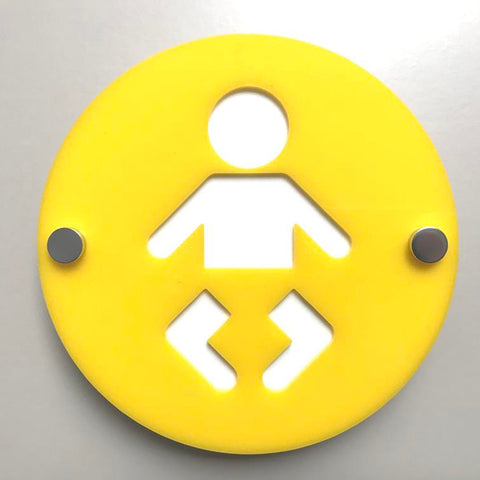 Round Baby Changing Toilet Sign - Yellow & White Gloss Finish
