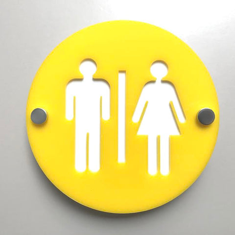 Round Male & Female Toilet Sign - Yellow & White Gloss Finish