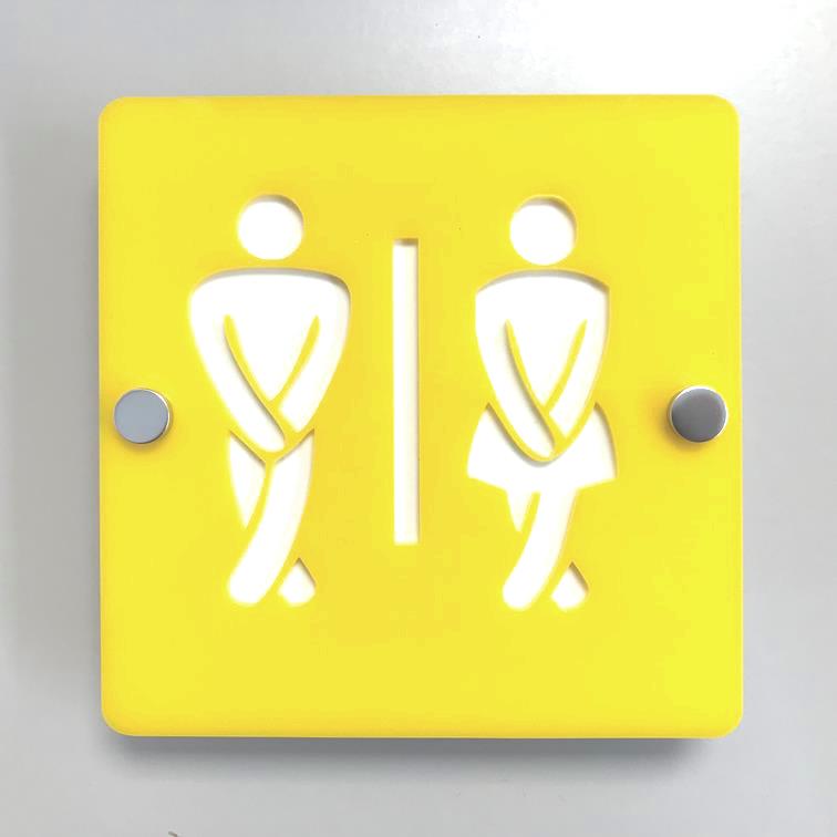 Square Crossed Legged Male & Female Toilet Sign - Yellow & White Gloss Finish