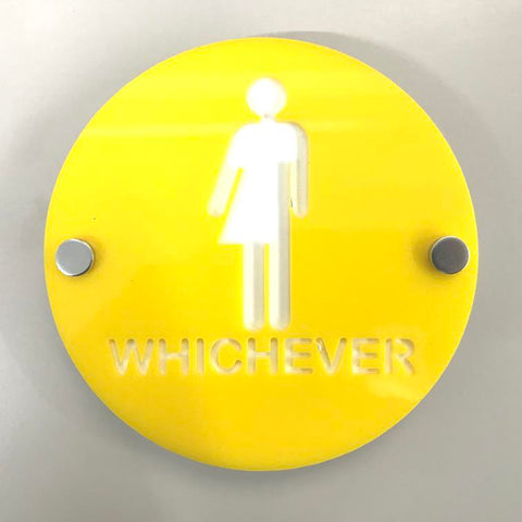 Round Whichever Toilet Sign - Yellow & White Gloss Finish