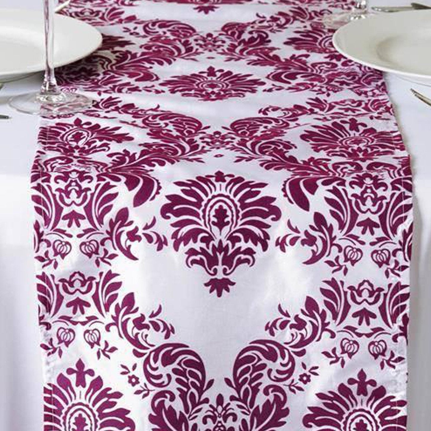 Aubergine & White Damask Table Runner