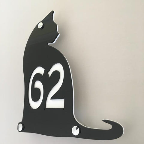 Cat House Number Sign - Black & White Gloss Finish