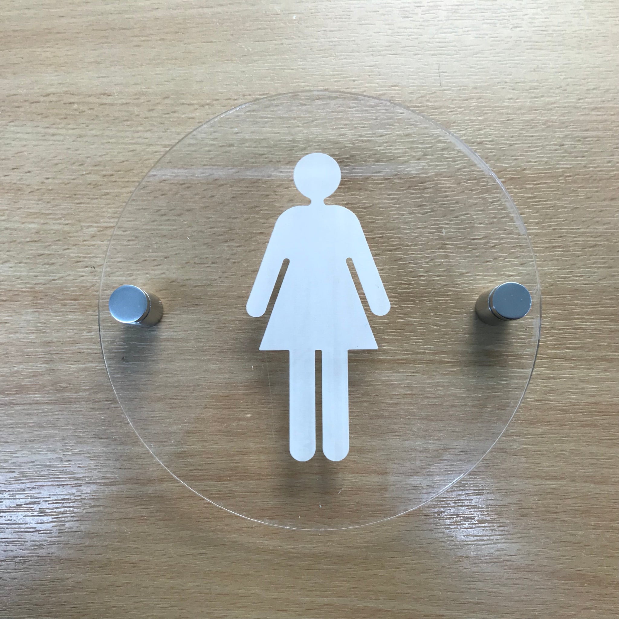 Round Engraved Female Toilet Sign - Clear Gloss Finish