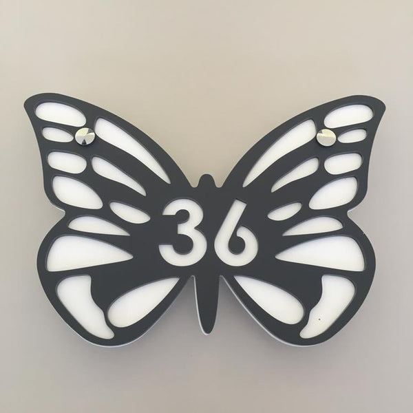 Butterfly House Number Sign - Graphite & White Matt Finish