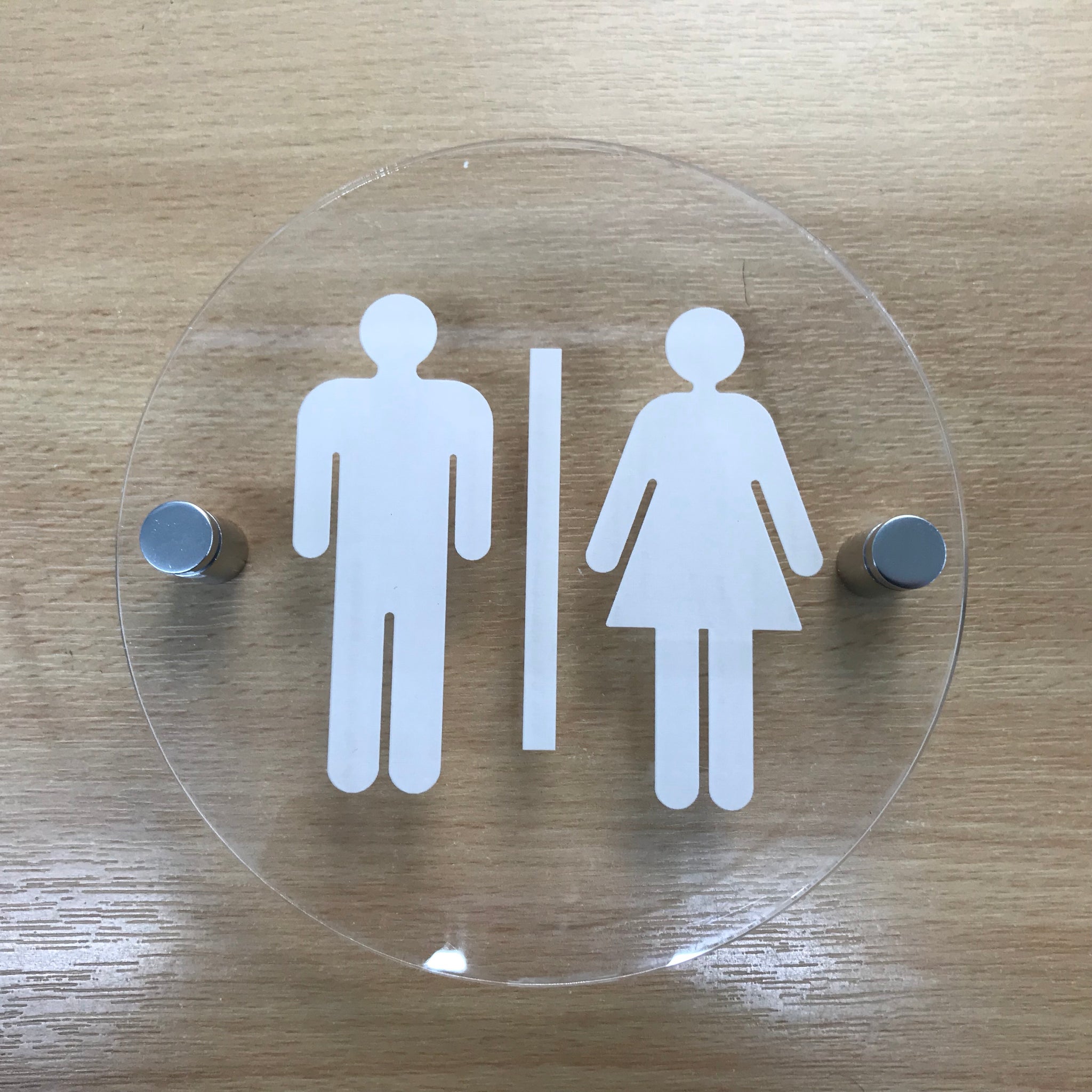 Round Engraved Male & Female Toilet Sign - Clear Gloss Finish
