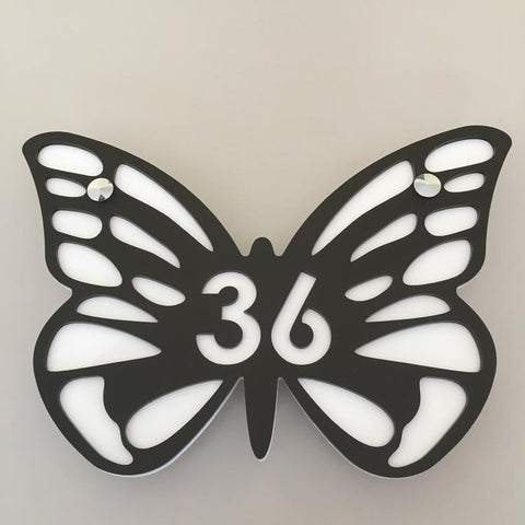 Butterfly House Number Sign - Mocha & White Matt Finish
