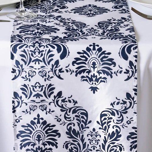 White & Navy Blue Damask Table Runner