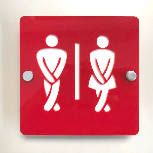 Square Crossed Legged Male & Female Toilet Sign - Red & White Gloss Finish