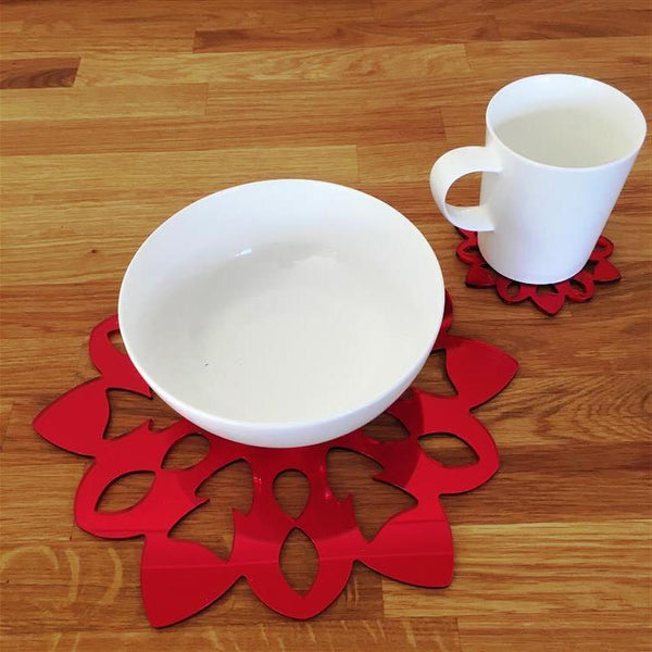 Snowflake Shaped Placemat and Coaster Set - Red Mirror