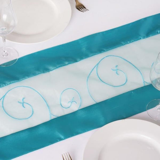 Turquoise Embroidered Sheer Organza Satin Table Runner